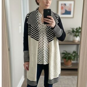 Talbots Wool Blend Womens Cardigan M Blue Ivory Striped Open Front Sweater